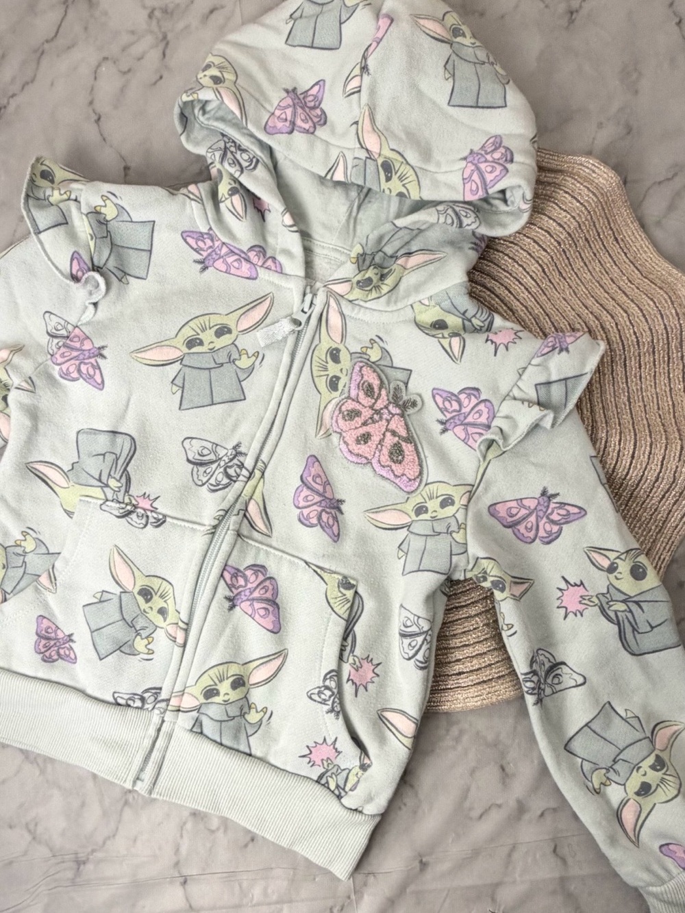 Star Wars Grogu Baby Yoda Zip Hoodie Girls Size 6 Butterfly Print Pastel Cute
